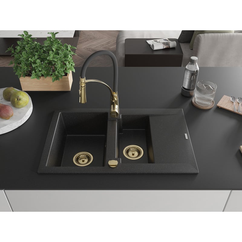 Mexen Gaspar Granitspüle 1,5-Kammer mit Abtropffläche und Küchenarmatur Aster, schwarz/silber - 6507-73-73450-57-G