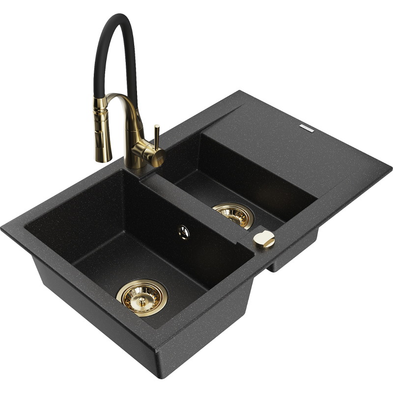 Mexen Gaspar granitspüle 1,5-becken mit abtropffläche und küchenarmatur Aster, schwarz/silber - 6507-73-73450-57-G