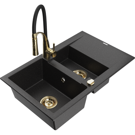 Mexen Gaspar Granitspüle 1,5-Kammer mit Abtropffläche und Küchenarmatur Aster, schwarz/silber - 6507-73-73450-57-G