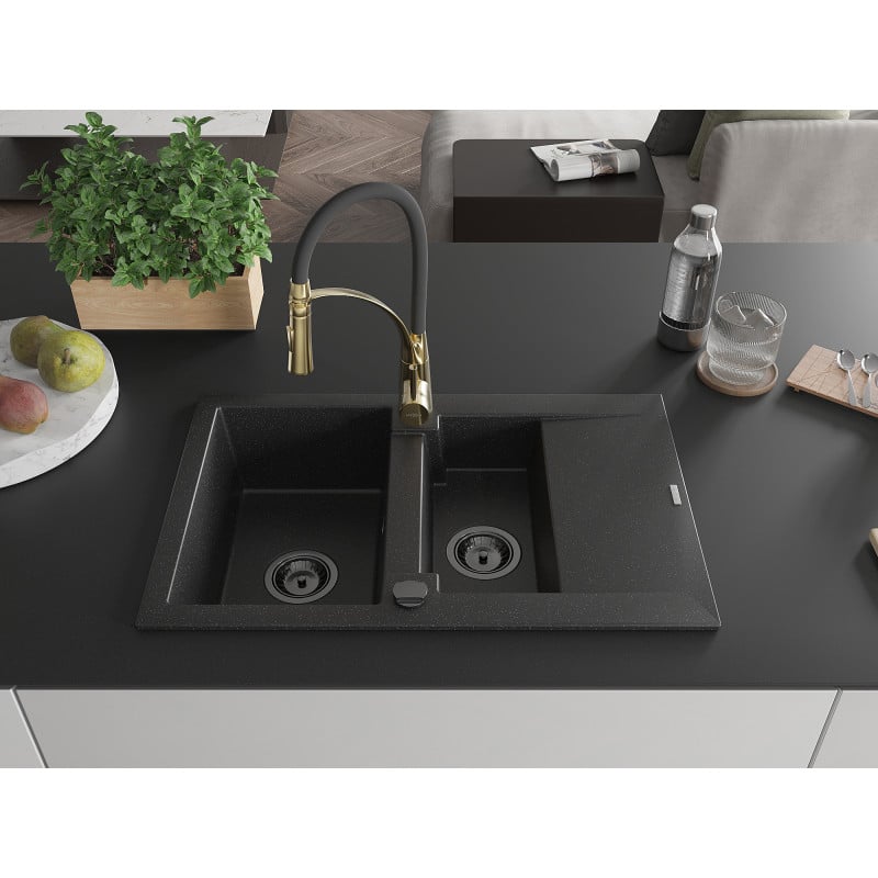 Mexen Gaspar Granitspüle 1,5-Kammer mit Abtropffläche und Küchenarmatur Aster, schwarz/silber - 6507-73-73450-57-B