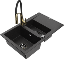 Mexen Gaspar Granitspüle 1,5-Kammer mit Abtropffläche und Küchenarmatur Aster, schwarz/silber - 6507-73-73450-57-B