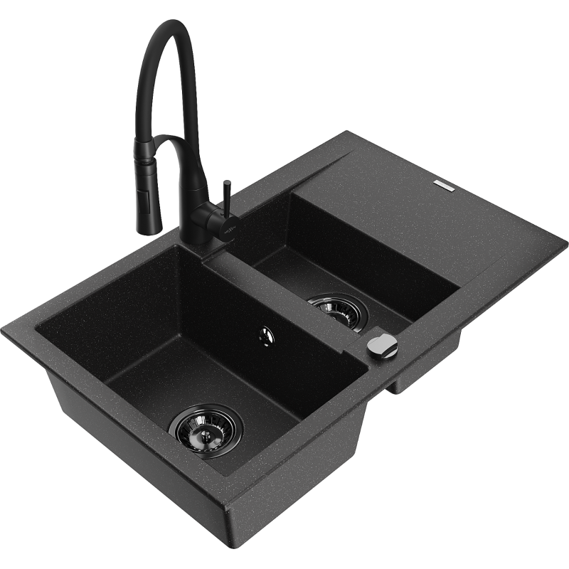 Mexen Gaspar Granitspüle 1,5-Becken mit Abtropffläche und Küchenarmatur Aster, Schwarz/Silber - 6507-73-73450-70-B