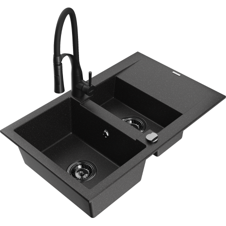 Mexen Gaspar Granitspüle 1,5-Becken mit Abtropffläche und Küchenarmatur Aster, Schwarz/Silber - 6507-73-73450-70-B