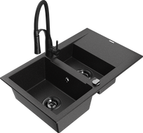 Mexen Gaspar Granitspüle 1,5-Becken mit Abtropffläche und Küchenarmatur Aster, Schwarz/Silber - 6507-73-73450-70-B