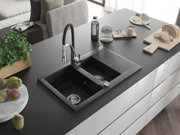 Mexen Gaspar Granitspüle 1,5 Becken mit Abtropffläche und Küchenarmatur Aster, Schwarz/Gold Metallic - 6507-75-73450-07
