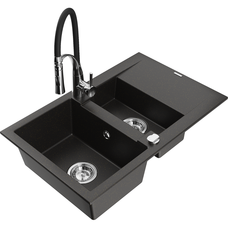 Mexen Gaspar Granitspüle 1,5 Becken mit Abtropffläche und Küchenarmatur Aster, Schwarz/Gold Metallic - 6507-75-73450-07