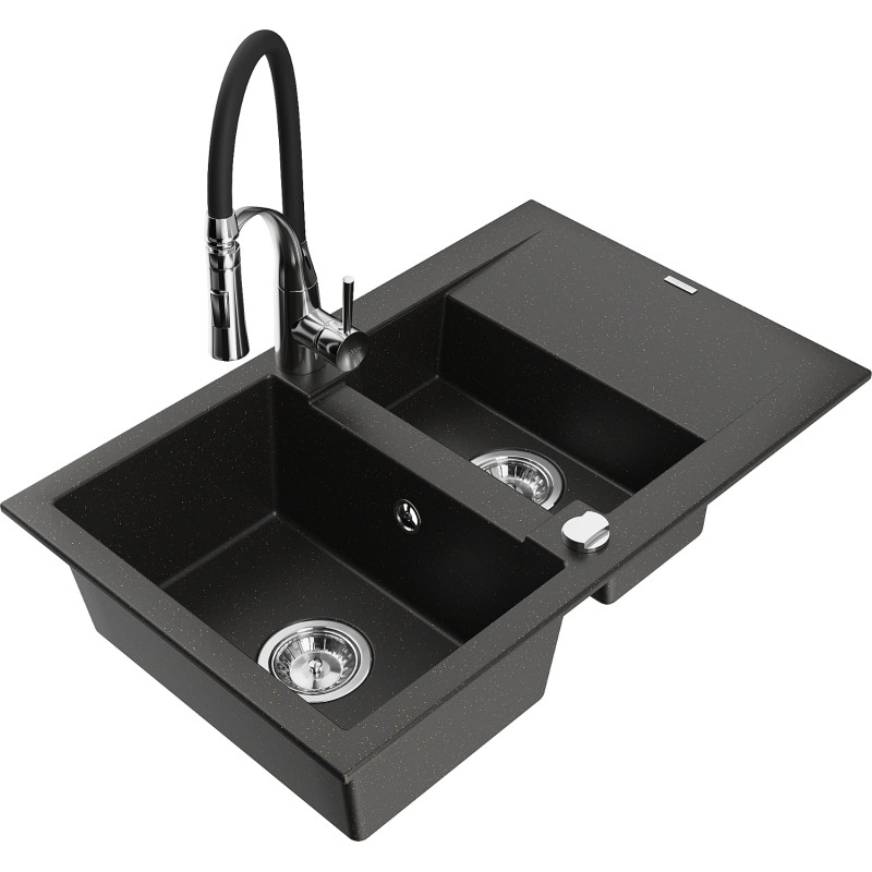Mexen Gaspar Granitspüle 1,5-beckig mit Abtropffläche und Küchenarmatur Aster, schwarz/gold metallic - 6507-75-73450-07