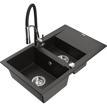 Mexen Gaspar Granitspüle 1,5 Becken mit Abtropffläche und Küchenarmatur Aster, Schwarz/Gold Metallic - 6507-75-73450-07