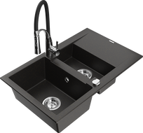 Mexen Gaspar Granitspüle 1,5 Becken mit Abtropffläche und Küchenarmatur Aster, Schwarz/Gold Metallic - 6507-75-73450-07