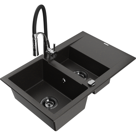 Mexen Gaspar granitspüle 1,5-becken mit abtropffläche und küchenarmatur Aster, schwarz/gold metallik - 6507-75-73450-07-B