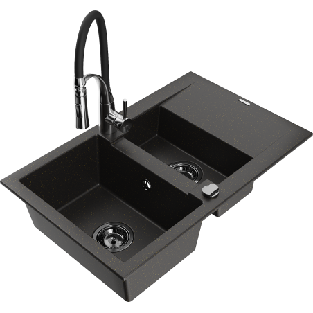 Mexen Gaspar Granitspüle 1,5 Becken mit Abtropffläche und Küchenarmatur Aster, schwarz/gold metallisch - 6507-75-73450-07-B