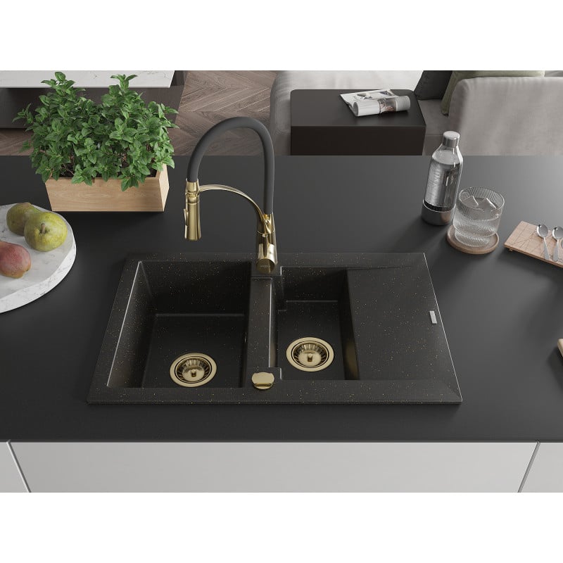 Mexen Gaspar Granitspüle 1,5 Kammern mit Abtropffläche und Küchenarmatur Aster, schwarz/gold metallic - 6507-75-73450-57-G