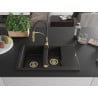 Mexen Gaspar Granitspüle 1,5 Kammern mit Abtropffläche und Küchenarmatur Aster, schwarz/gold metallic - 6507-75-73450-57-G
