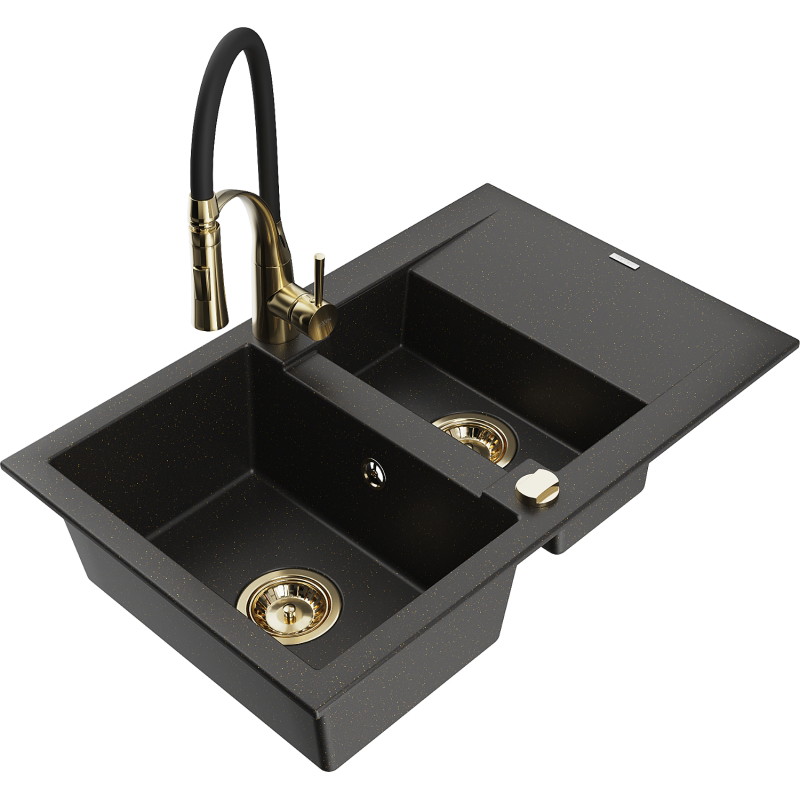Mexen Gaspar 1,5-Kammer Granitspüle mit Abtropffläche und Küchenarmatur Aster, schwarz/gold metallic - 6507-75-73450-57-G