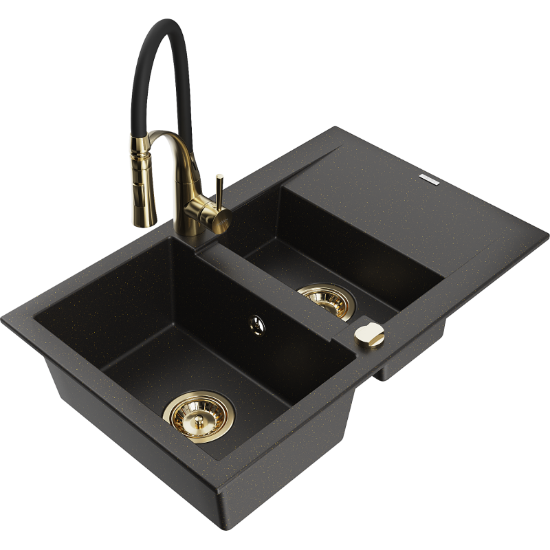 Mexen Gaspar Granitspüle 1,5 Kammern mit Abtropffläche und Küchenarmatur Aster, schwarz/gold metallic - 6507-75-73450-57-G