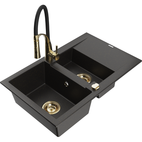 Mexen Gaspar Granitspüle 1,5-beckig mit Abtropffläche und Küchenarmatur Aster, schwarz/gold metallic - 6507-75-73450-57-G