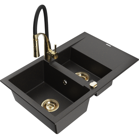 Mexen Gaspar Granitspüle 1,5 Kammern mit Abtropffläche und Küchenarmatur Aster, schwarz/gold metallic - 6507-75-73450-57-G