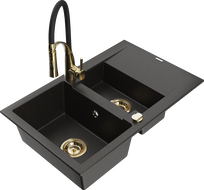 Mexen Gaspar Granitspüle 1,5 Kammern mit Abtropffläche und Küchenarmatur Aster, schwarz/gold metallic - 6507-75-73450-57-G