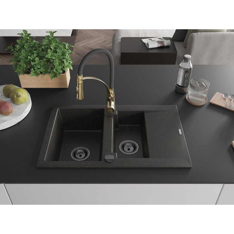 Mexen Gaspar Granitspüle 1,5-Becken mit Abtropffläche und Küchenarmatur Aster, schwarz/gold metallic - 6507-75-73450-57-B