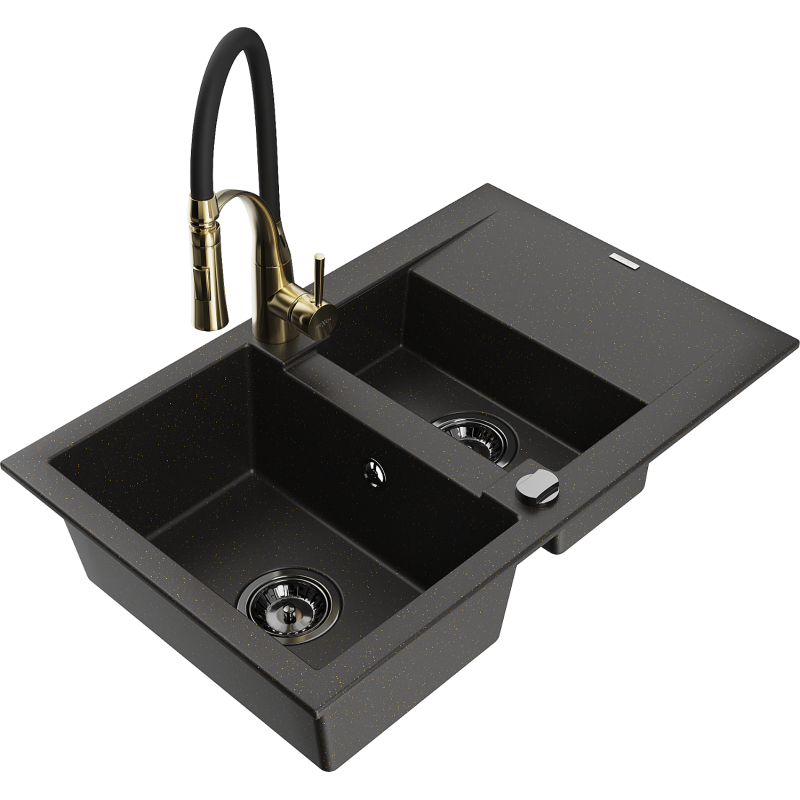 Mexen Gaspar Granitspüle 1,5-Becken mit Abtropffläche und Küchenarmatur Aster, schwarz/gold metallic - 6507-75-73450-57-B