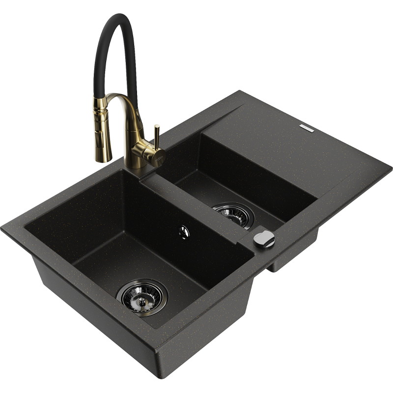 Mexen Gaspar Granitspüle 1,5-fach mit Abtropffläche und Küchenarmatur Aster, schwarz/gold metallisch - 6507-75-73450-57-B