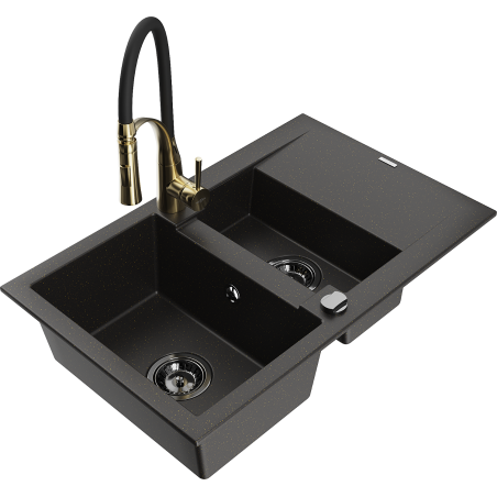 Mexen Gaspar Granitspüle 1,5-Becken mit Abtropffläche und Küchenarmatur Aster, schwarz/gold metallic - 6507-75-73450-57-B