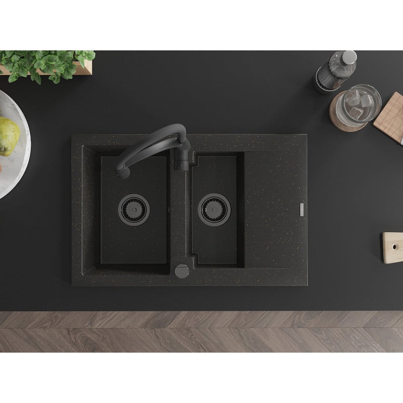 Mexen Gaspar Granitspüle 1,5-Kammer mit Abtropffläche und Küchenarmatur Aster, schwarz/goldener Metallic - 6507-75-73450-70-B
