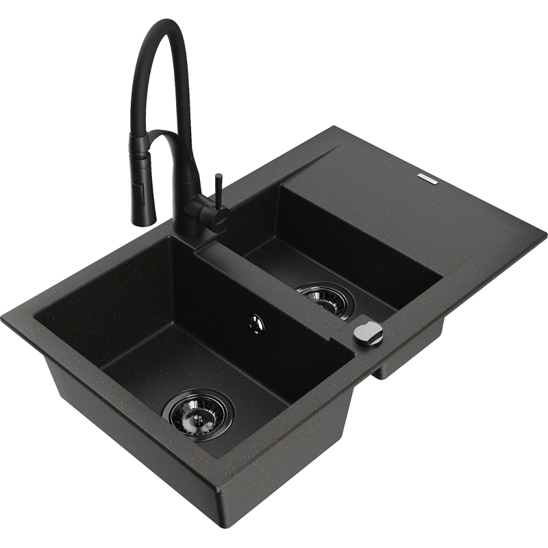 Mexen Gaspar Granitspüle 1,5-Kammer mit Abtropffläche und Küchenarmatur Aster, schwarz/goldener Metallic - 6507-75-73450-70-B