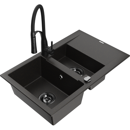 Mexen Gaspar Granitspüle 1,5-Kammer mit Abtropffläche und Küchenarmatur Aster, schwarz/goldener Metallic - 6507-75-73450-70-B