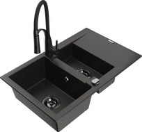 Mexen Gaspar Granitspüle 1,5-Kammer mit Abtropffläche und Küchenarmatur Aster, schwarz/goldener Metallic - 6507-75-73450-70-B