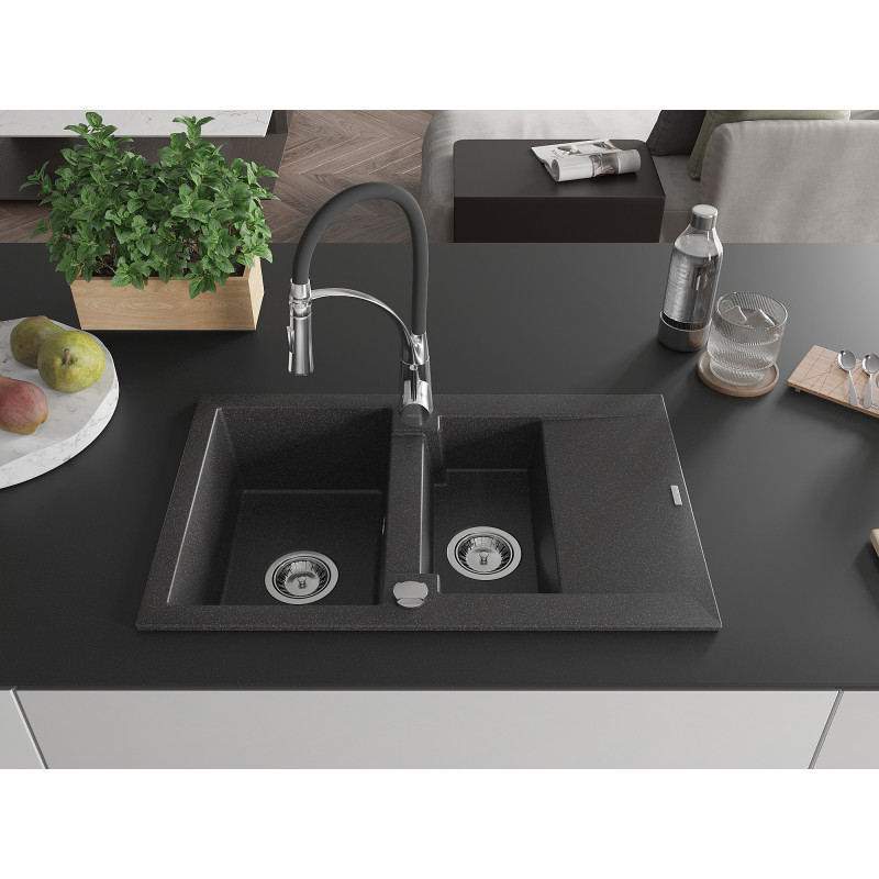 Mexen Gaspar Granitspüle 1,5-Kammer mit Abtropffläche und Küchenarmatur Aster, schwarz gesprenkelt - 6507-76-73450-07