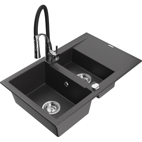 Mexen Gaspar Granitspüle 1,5-Becken mit Abtropffläche und Küchenarmatur Aster, schwarz gesprenkelt - 6507-76-73450-07