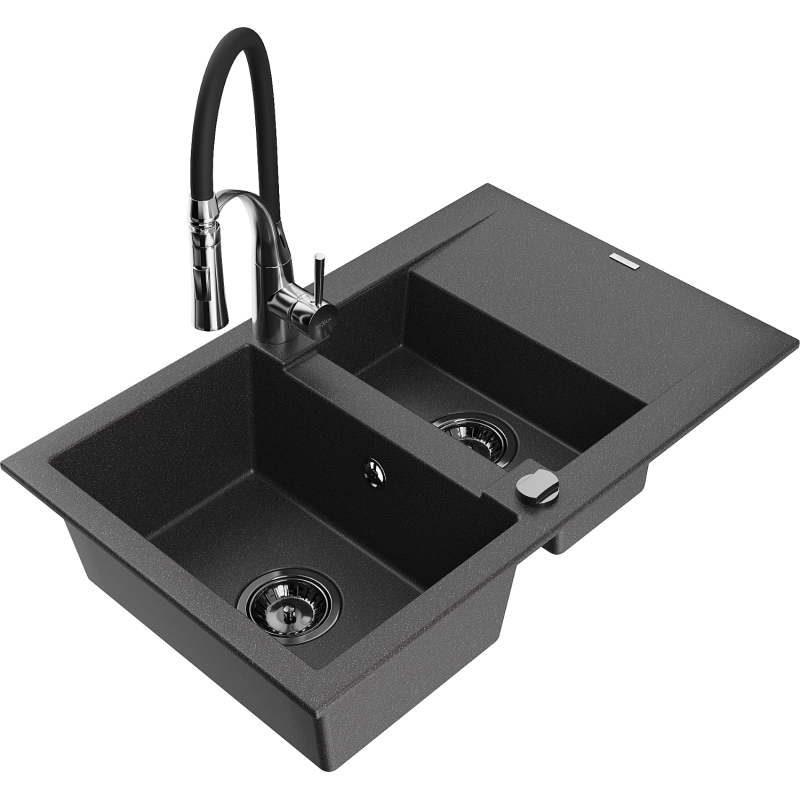 Mexen Gaspar Granitspüle 1,5-Becken mit Abtropffläche und Küchenarmatur Aster, schwarz gesprenkelt - 6507-76-73450-07-B
