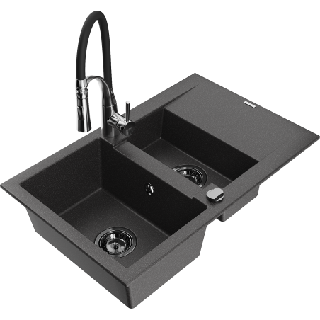 Mexen Gaspar Granitspüle 1,5-Becken mit Abtropffläche und Küchenarmatur Aster, schwarz gesprenkelt - 6507-76-73450-07-B