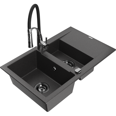 Mexen Gaspar Granitspüle 1,5er Becken mit Abtropffläche und Küchenarmatur Aster, schwarz gesprenkelt - 6507-76-73450-07-B