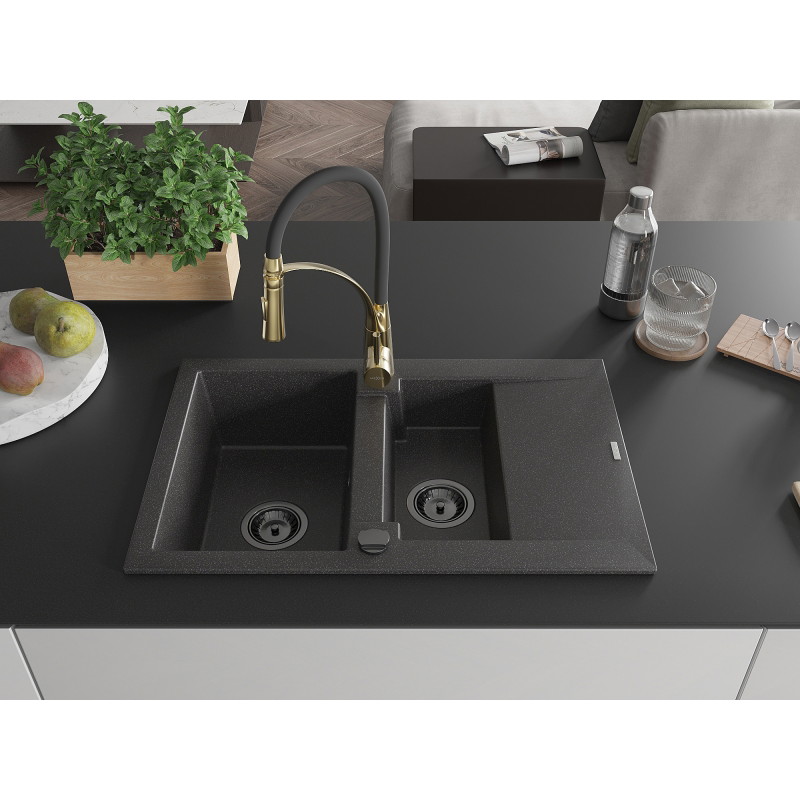 Mexen Gaspar 1,5-Schalen Granitspüle mit Abtropffläche und Küchenarmatur Aster, schwarz gesprenkelt - 6507-76-73450-57-B