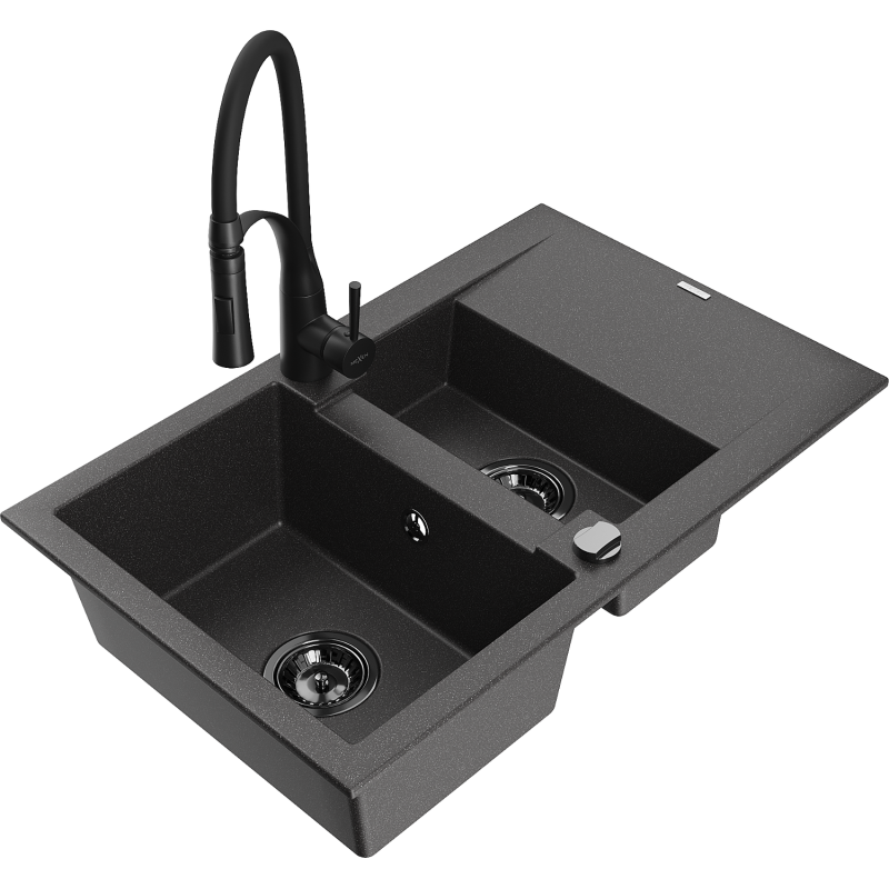 Mexen Gaspar Granitspüle 1,5-becken mit Abtropffläche und Küchenarmatur Aster, schwarze gesprenkelt - 6507-76-73450-70-B