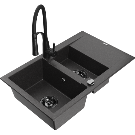 Mexen Gaspar Granitspüle 1,5-Becken mit Abtropffläche und Küchenarmatur Aster, schwarz gesprenkelt - 6507-76-73450-70-B
