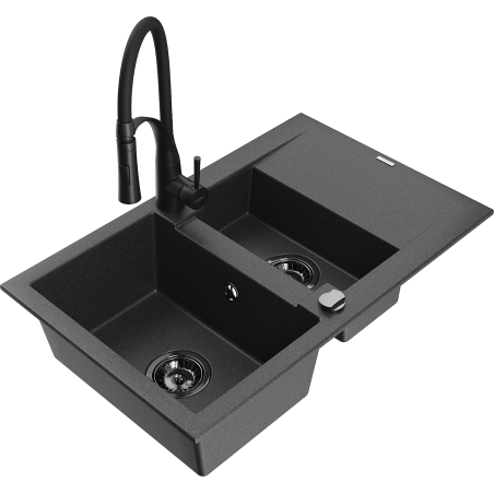 Mexen Gaspar Granitspüle 1,5-becken mit Abtropffläche und Küchenarmatur Aster, schwarze gesprenkelt - 6507-76-73450-70-B