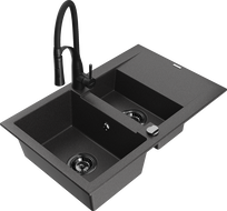 Mexen Gaspar Granitspüle 1,5-becken mit Abtropffläche und Küchenarmatur Aster, schwarze gesprenkelt - 6507-76-73450-70-B