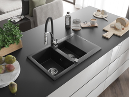 Mexen Gaspar Granitspüle 1,5-Schalen mit Abtropffläche und Küchenarmatur Aster, schwarz - 6507-77-73450-07
