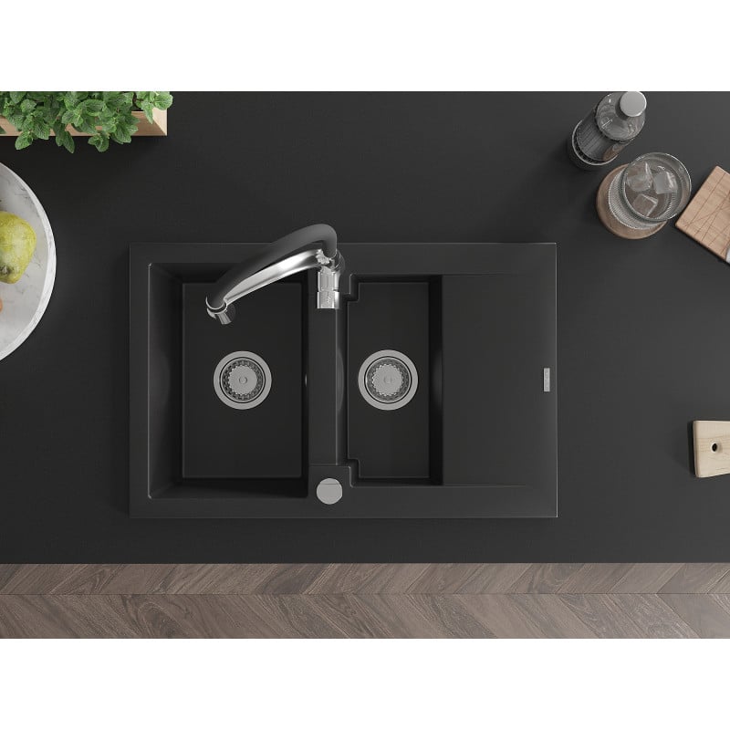 Mexen Gaspar Granitspüle 1,5-Schalen mit Abtropffläche und Küchenarmatur Aster, schwarz - 6507-77-73450-07