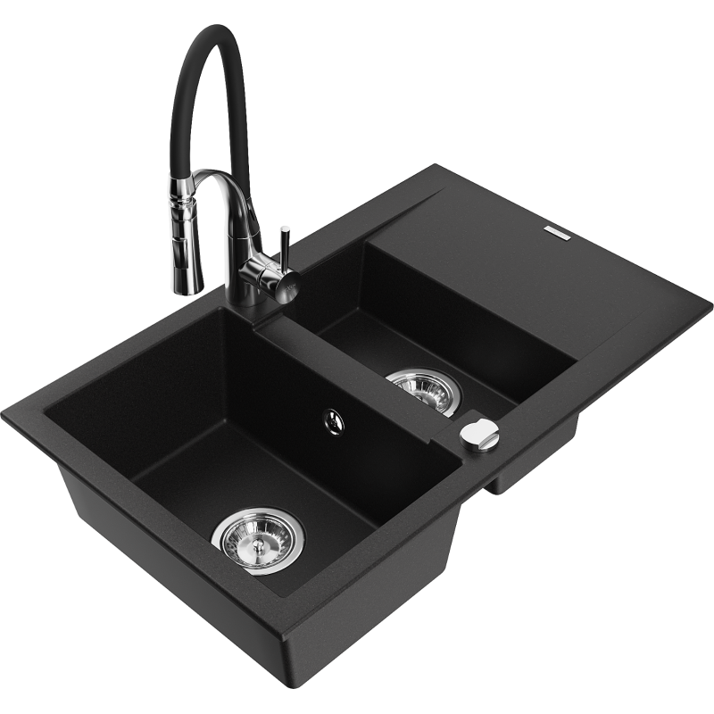 Mexen Gaspar Granitspüle 1,5-Schalen mit Abtropffläche und Küchenarmatur Aster, schwarz - 6507-77-73450-07