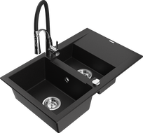 Mexen Gaspar Granitspüle 1,5-Schalen mit Abtropffläche und Küchenarmatur Aster, schwarz - 6507-77-73450-07