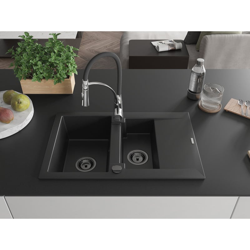 Mexen Gaspar Granitspüle 1,5-beckig mit Abtropffläche und Küchenarmatur Aster, schwarz - 6507-77-73450-07-B