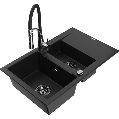 Mexen Gaspar Granitspüle 1,5-beckig mit Abtropffläche und Küchenarmatur Aster, schwarz - 6507-77-73450-07-B