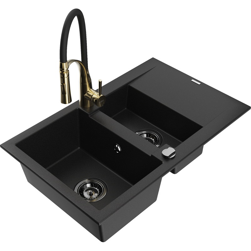 Mexen Gaspar Granitspüle 1,5-Becken mit Abtropffläche und Küchenarmatur Aster, schwarz - 6507-77-73450-57-B