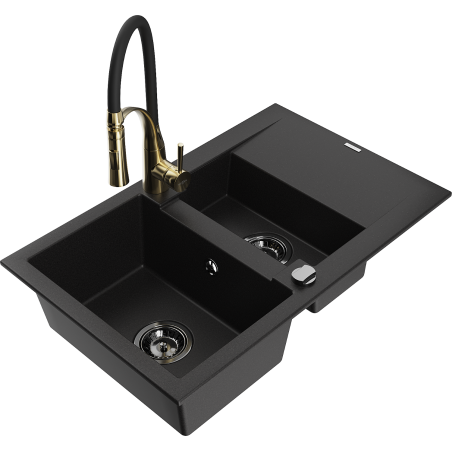 Mexen Gaspar Granitspüle 1,5-Becken mit Abtropffläche und Küchenarmatur Aster, schwarz - 6507-77-73450-57-B