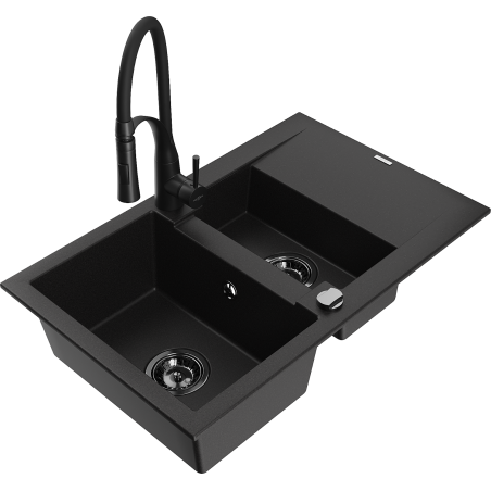 Mexen Gaspar Granitspüle 1,5-fach mit Abtropffläche und Küchenarmatur Aster, schwarz - 6507-77-73450-70-B