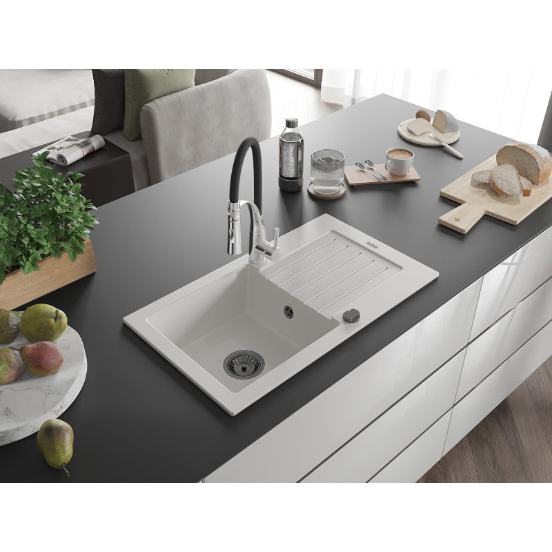Mexen Pablo Granitspüle 1-Becken mit Abtropffläche und Küchenarmatur Aster, weiß - 6510-20-73450-07-B